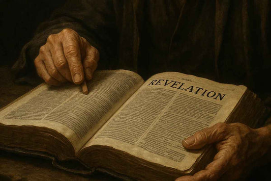 Image of book of Revelations in the bible with a mans hand pointing to a specific verse